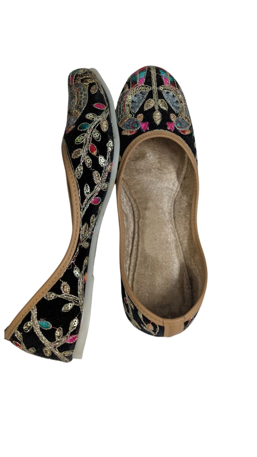 ZS Fashion Women's Embroidered Ballet Flats, Black with Multicolour Floral Design, Tan Trim