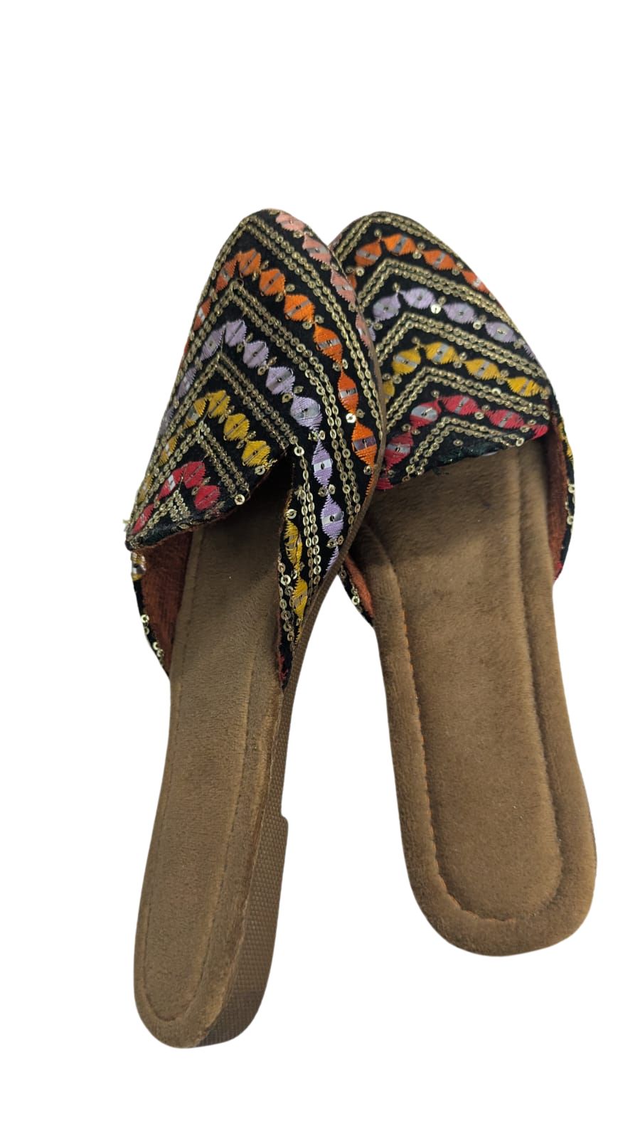 ZS Fashion Women's Embroidered Sequin Mule Slippers – Multi-Colour Chevron Pattern with Tan Sole, Stylish Ethnic & Casual Footwear