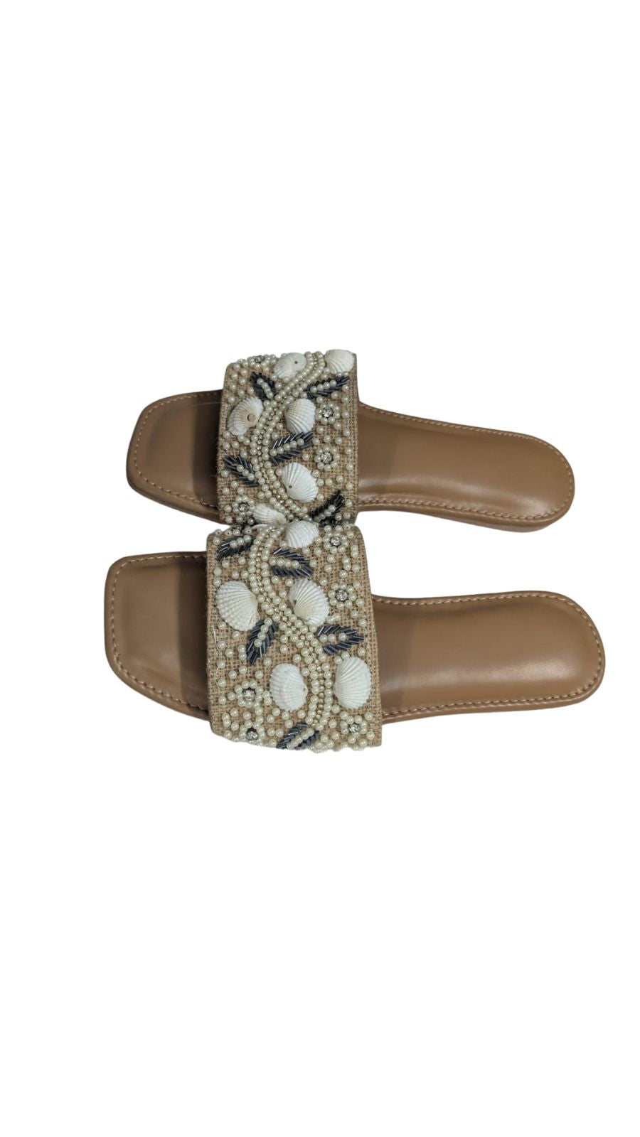 Women's Pearl & Seashell Embellished Slide Sandals – Brown Flat Slip-Ons with Decorative Beach Theme, Casual Summer Footwear