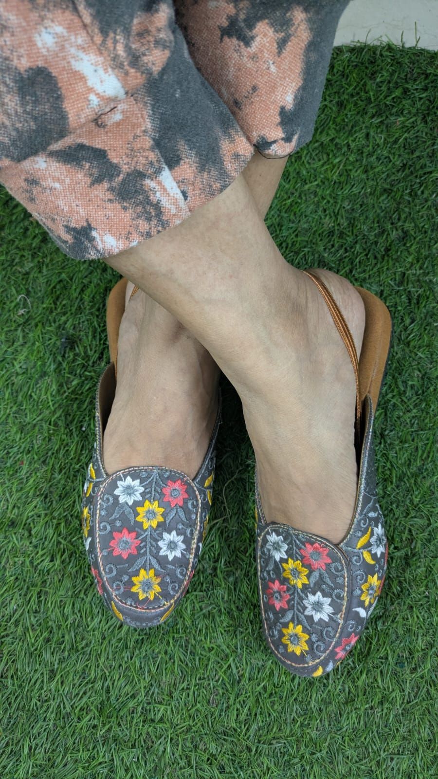 Women's Floral Print Slip-On Loafers – Brown with Multi-Colour Embroidered Design & Cushioned Insole, Comfortable Casual & Ethnic Footwear