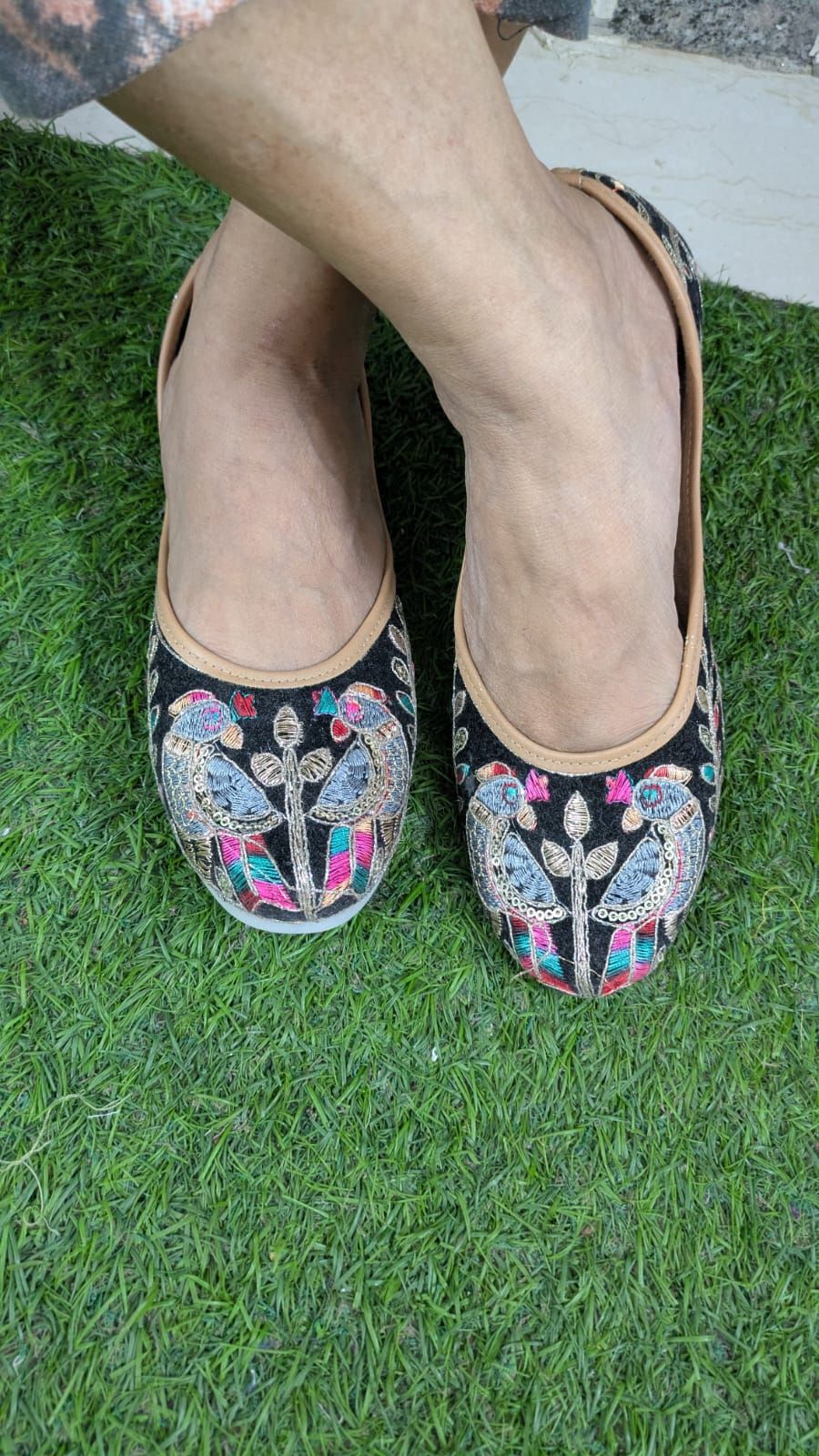 ZS Fashion Women's Embroidered Ballet Flats, Black with Multicolour Floral Design, Tan Trim