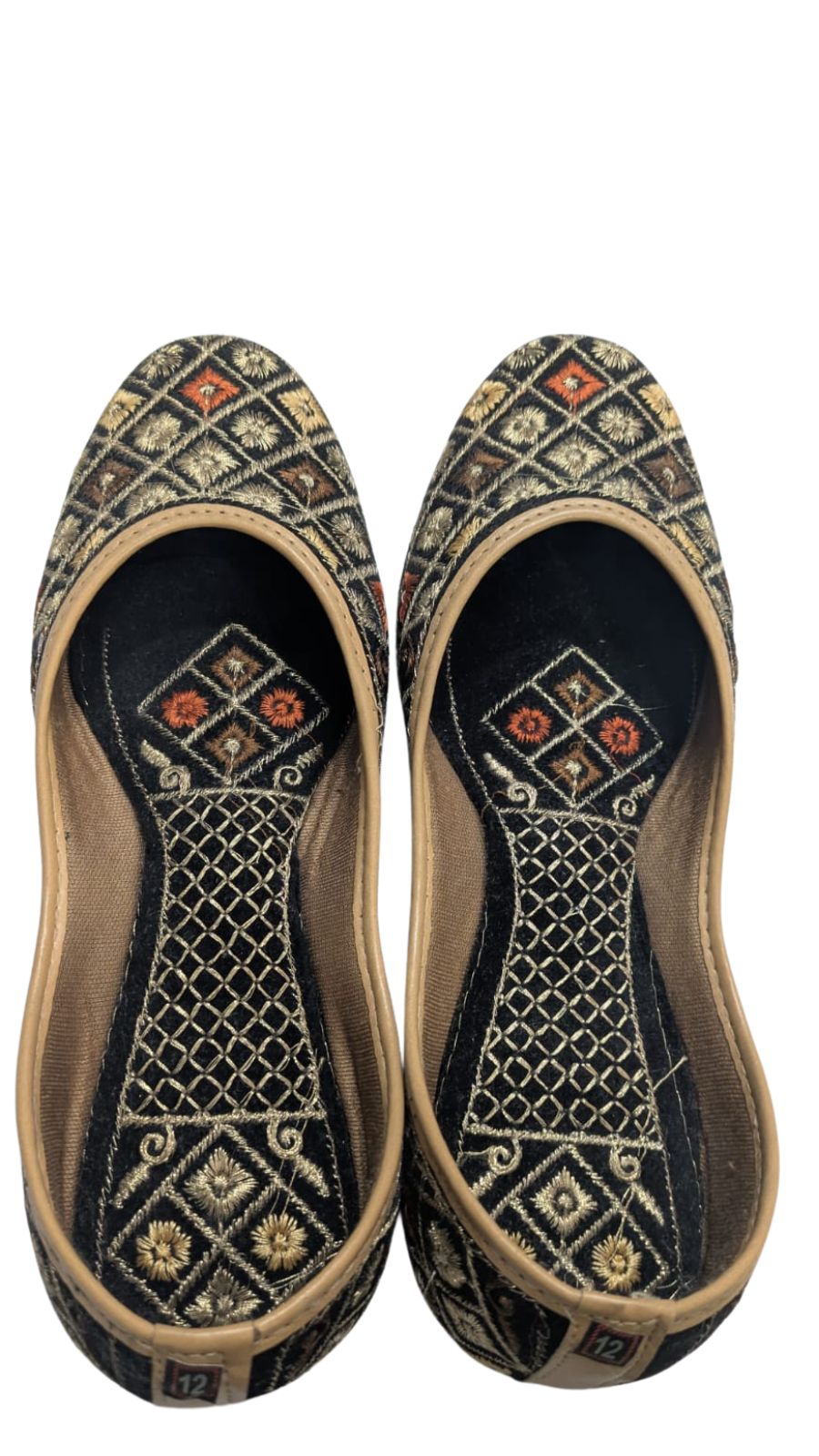 ZS Fashion Women's Traditional Embroidered Ballet Flats – Black & Gold Diamond Pattern with Coral Accents, Non-Slip Sole Ethnic Juttis