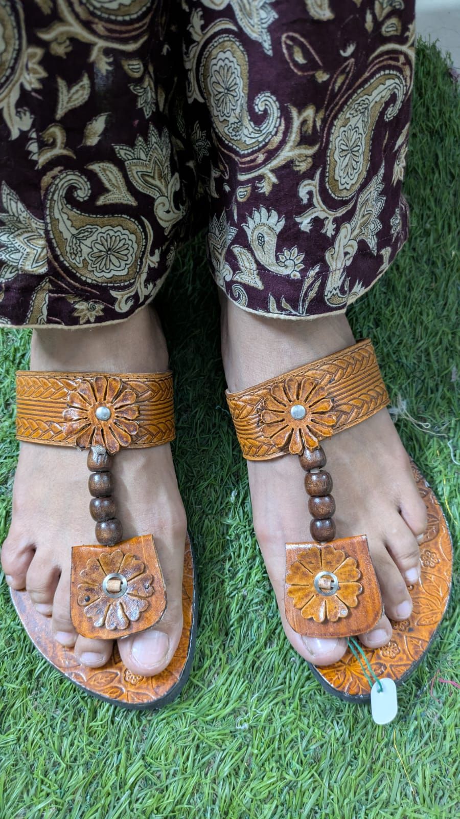 ZS Fashion Women's Handcrafted Leather Sandals – Brown with Floral Design, Beaded Strap & Embossed Footbed, Comfortable Ethnic & Casual Wear
