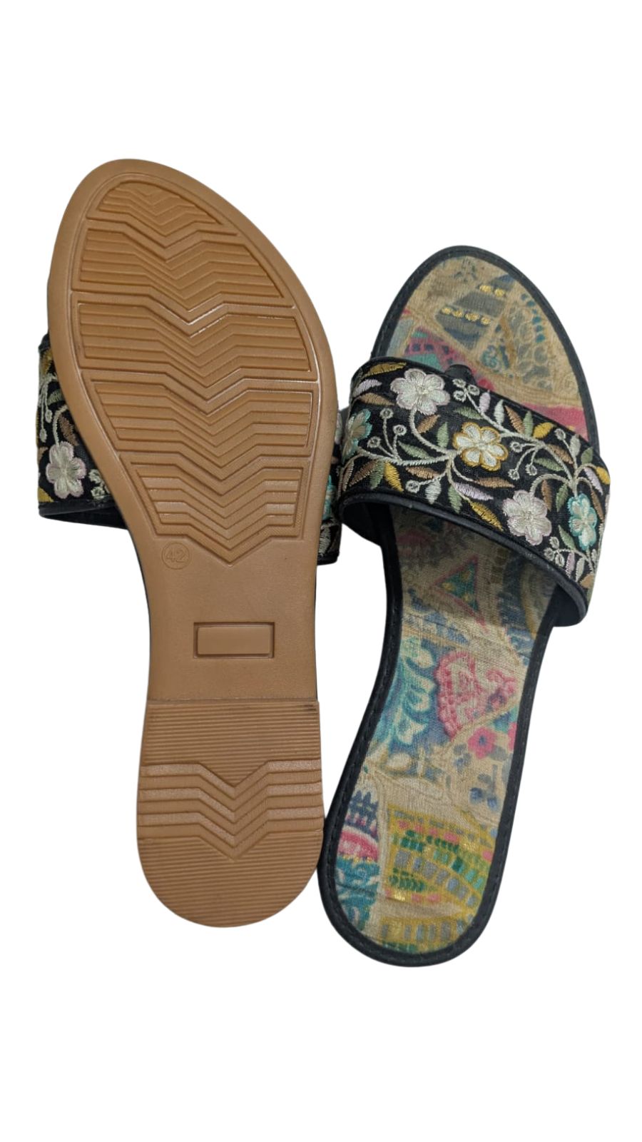 ZS Fashion Women's Floral Embroidered Slides – Black Slip-On Sandals with Vintage Print Insole & Non-Slip Sole, Comfortable Casual Flats