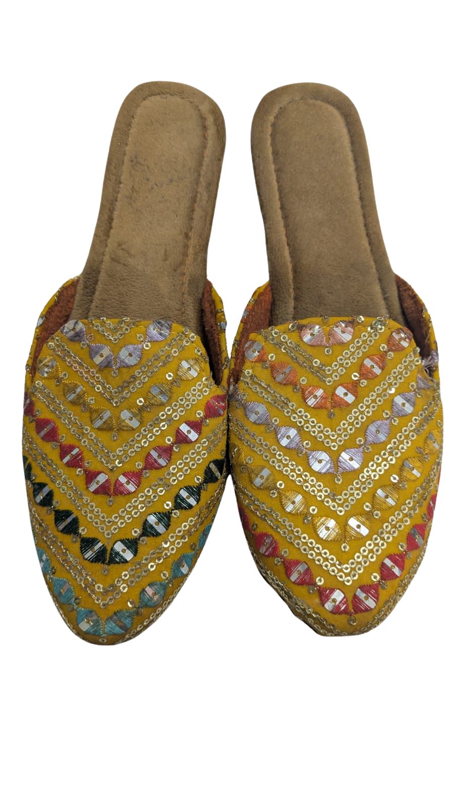 ZS Fashion Women's Traditional Embroidered Slip-On Sandals – Yellow Handcrafted Ethnic Footwear with Mirror Work & Sequin Detailing