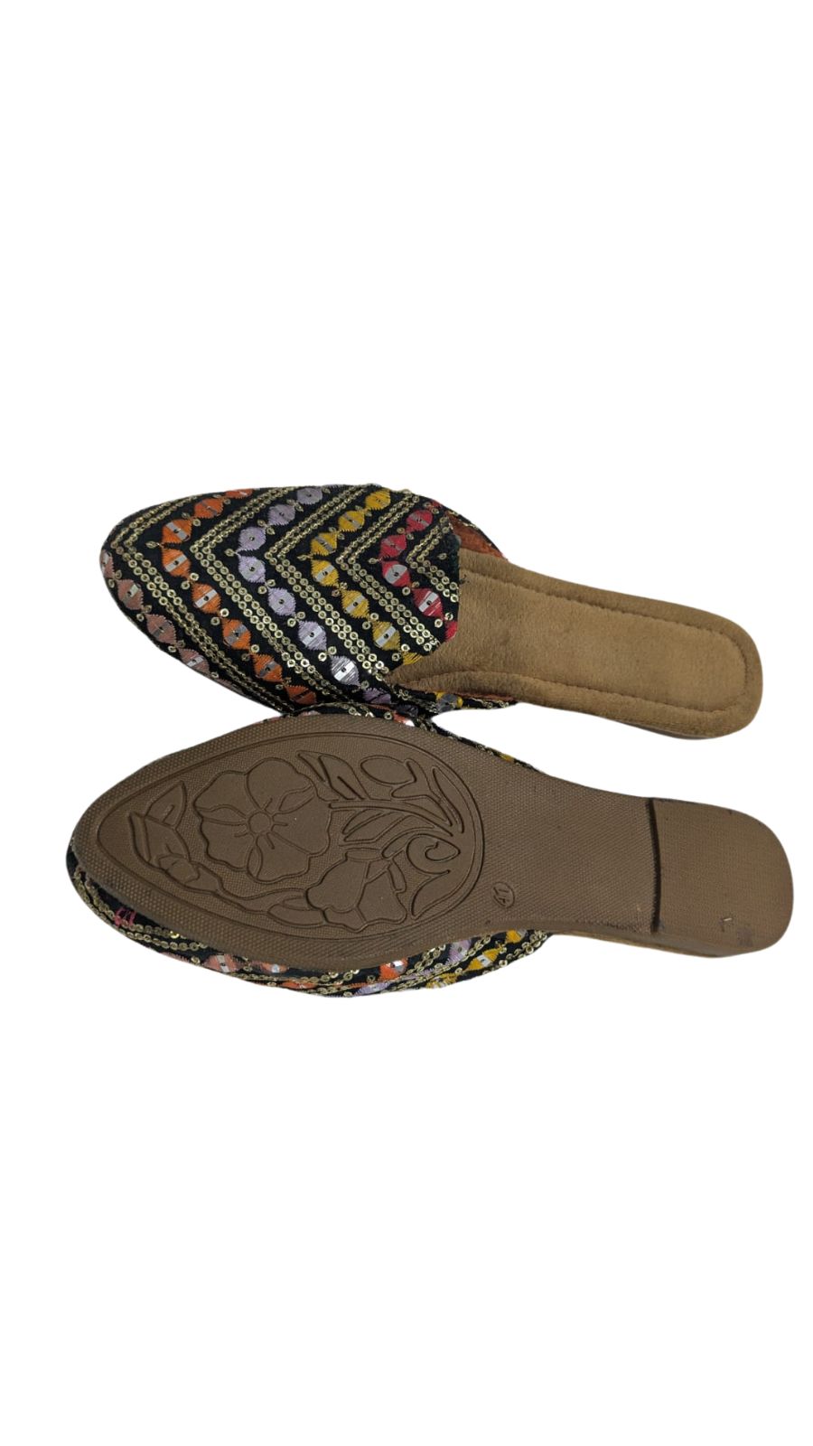 ZS Fashion Women's Embroidered Sequin Mule Slippers – Multi-Colour Chevron Pattern with Tan Sole, Stylish Ethnic & Casual Footwear