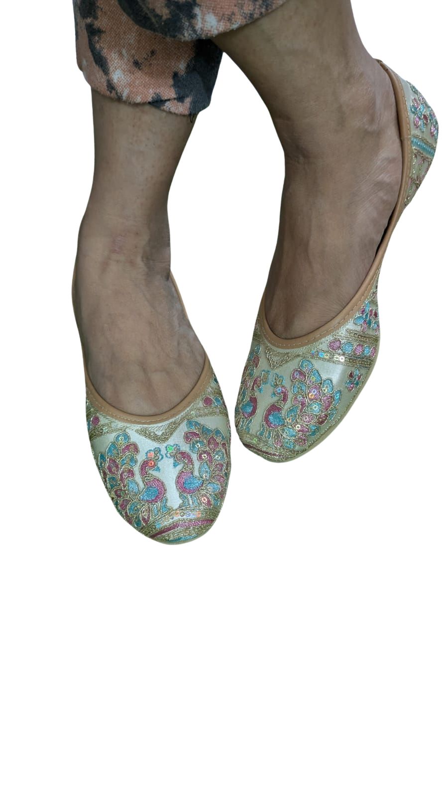 ZS Fashion Women's Embroidered Ballet Flats Pair in Cream with Blue and Pink Sequin Ethnic Design