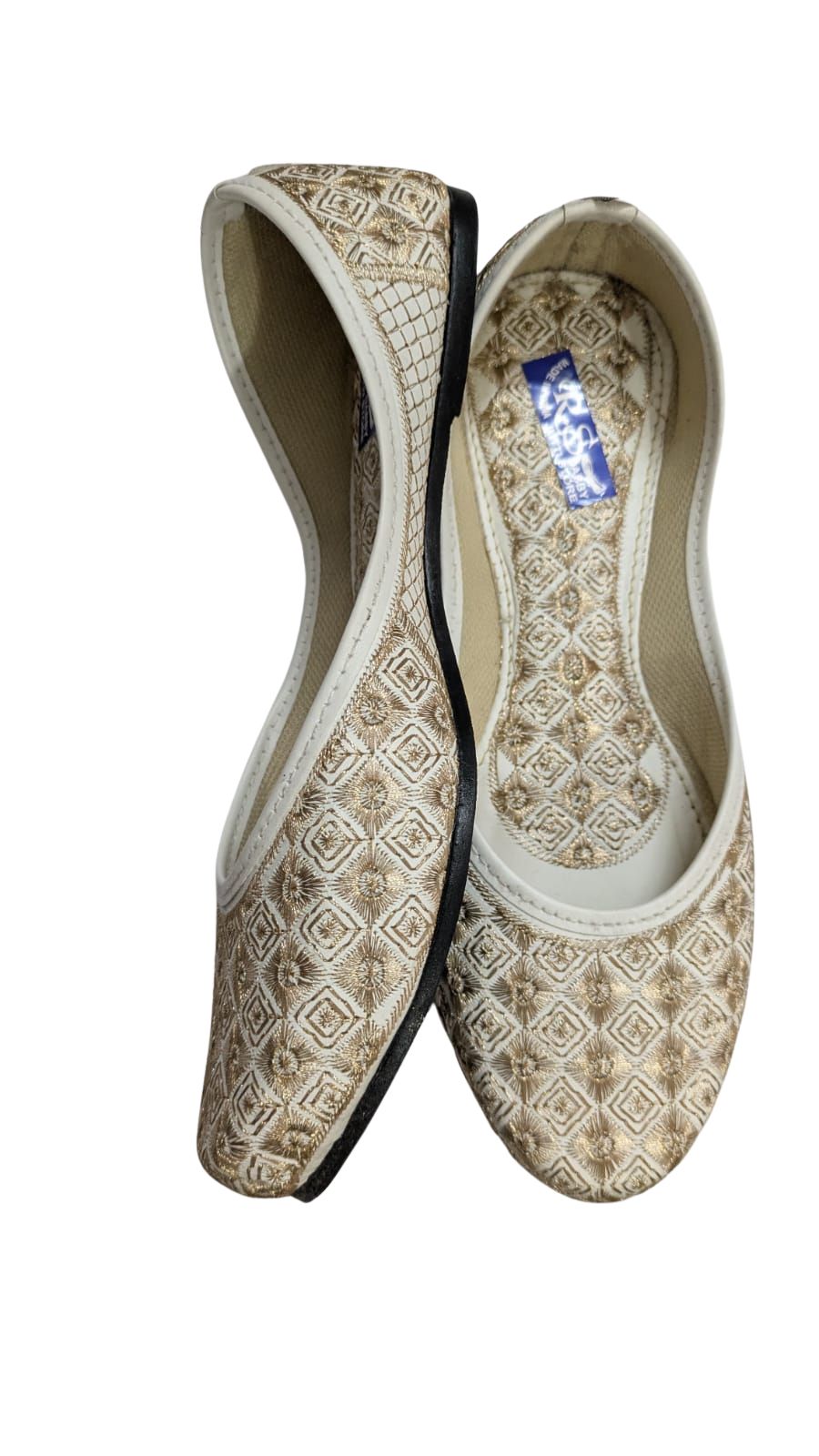 ZS Fashion Women's Traditional Embroidered Ballet Flats, Diamond Pattern, Cream and Gold, Slip-On Style