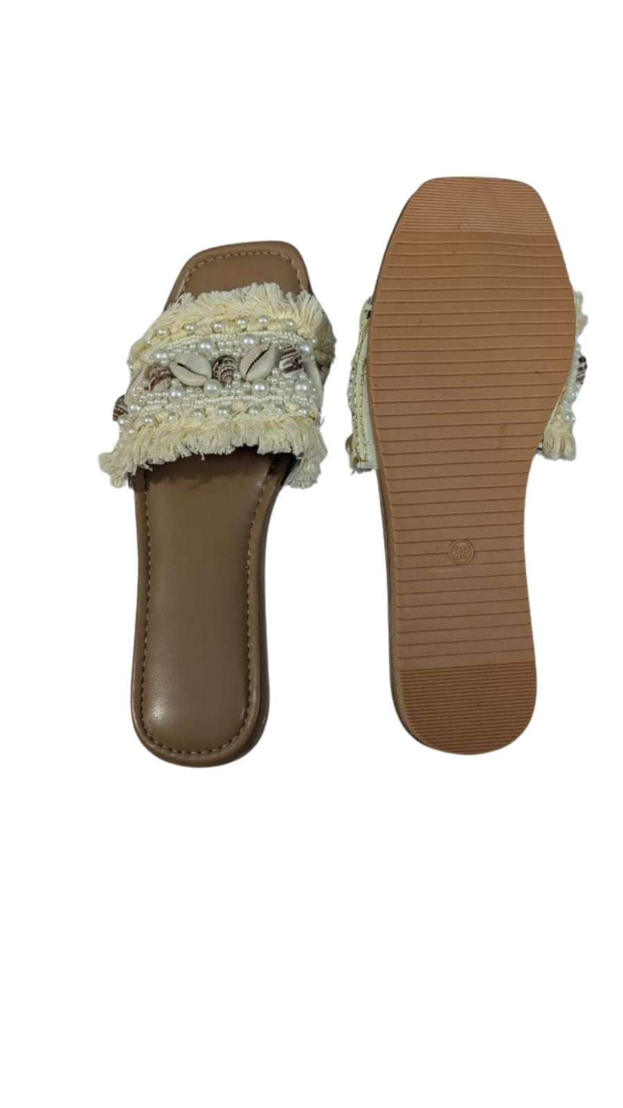 ZS Fashion Women’s Beach Slides | Bohemian Style Slip-On Flats with Pearl & Shell Embellishments, Fringe Detailing, Comfortable Tan Sole
