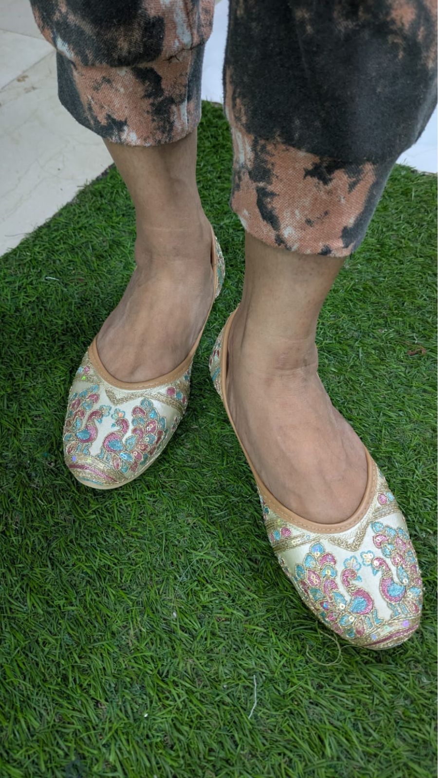 Angled View of ZS Fashion Stylish Women's Cream Ballet Flats with Traditional Embroidered Sequin Work