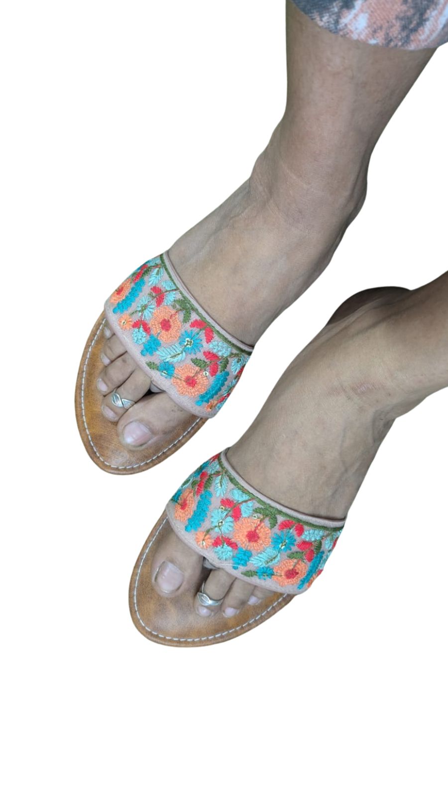 ZS Fashion Women's Floral Embroidered Slide Sandals – Brown Leather Footbed with Multicolour Floral Pattern, Comfortable Casual Flats