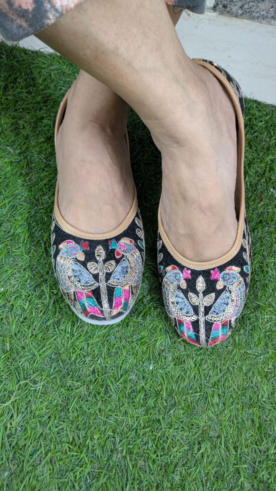 ZS Fashion Embroidered Ballet Flats, Black with Multicolour Peacock Pattern, Traditional Ethnic Style