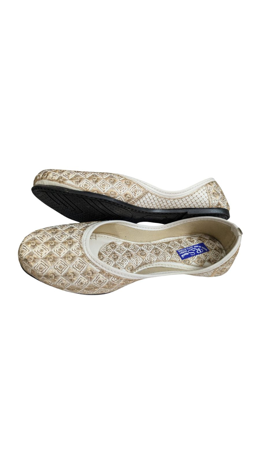 ZS Fashion Women's Traditional Embroidered Ballet Flats, Diamond Pattern, Cream and Gold, Slip-On Style