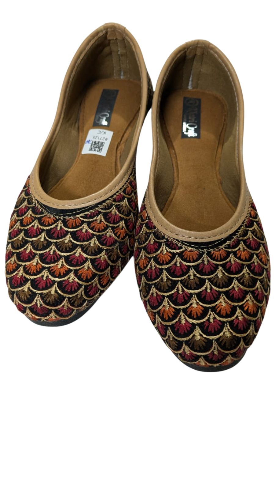 ZS Fashion Women’s Brown Ballet Flats – Scalloped Design with Multicolour Embroidery, Comfortable