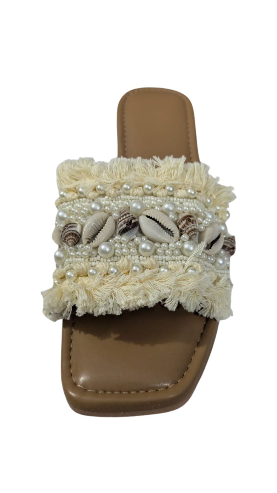 ZS Fashion Women’s Beach Slides | Bohemian Style Slip-On Flats with Pearl & Shell Embellishments, Fringe Detailing, Comfortable Tan Sole