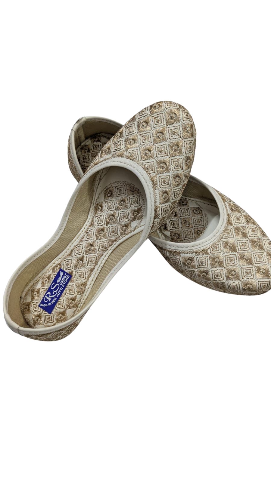 ZS Fashion Women's Traditional Embroidered Ballet Flats, Diamond Pattern, Cream and Gold, Slip-On Style