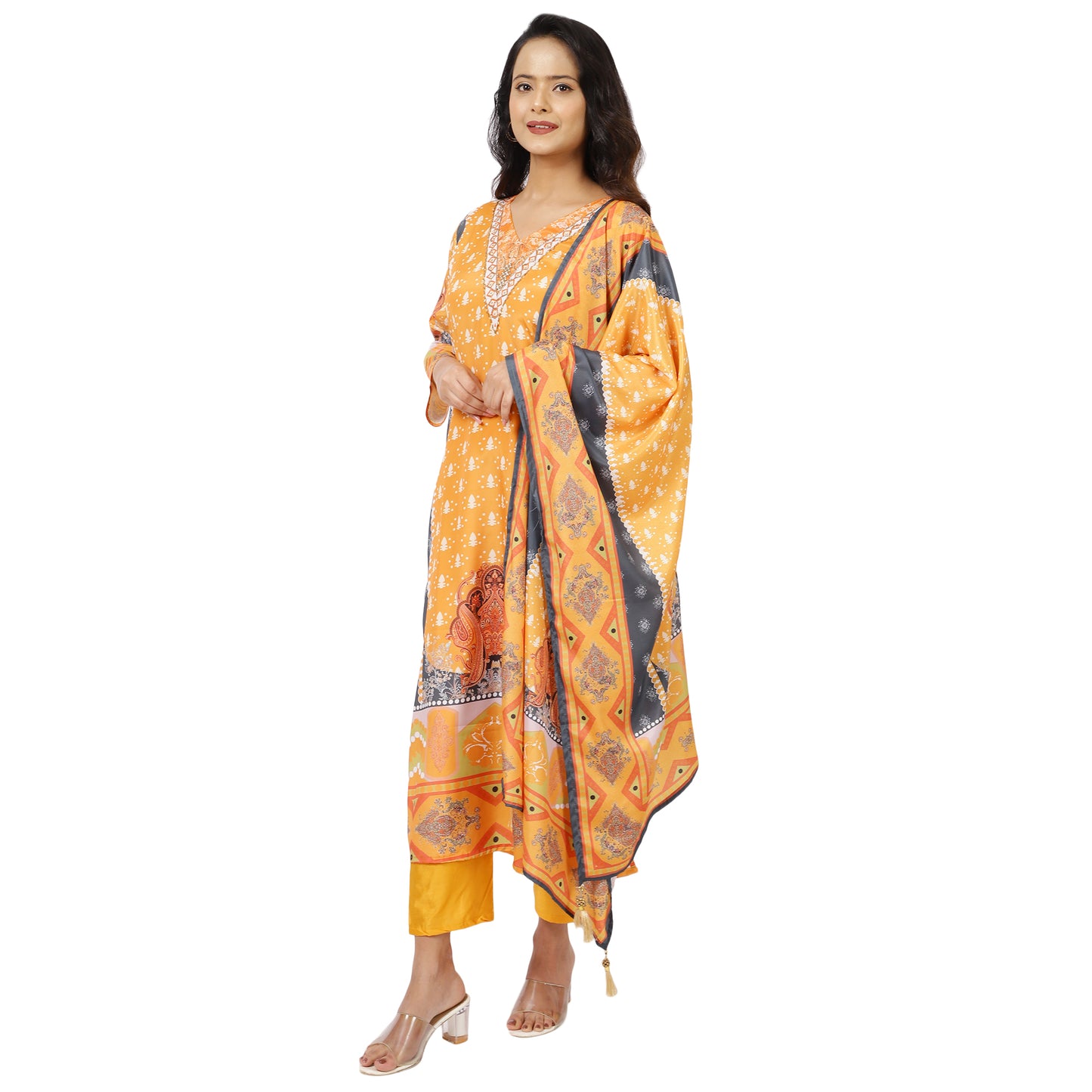 Side View of Orange Kurta Set with Dupatta