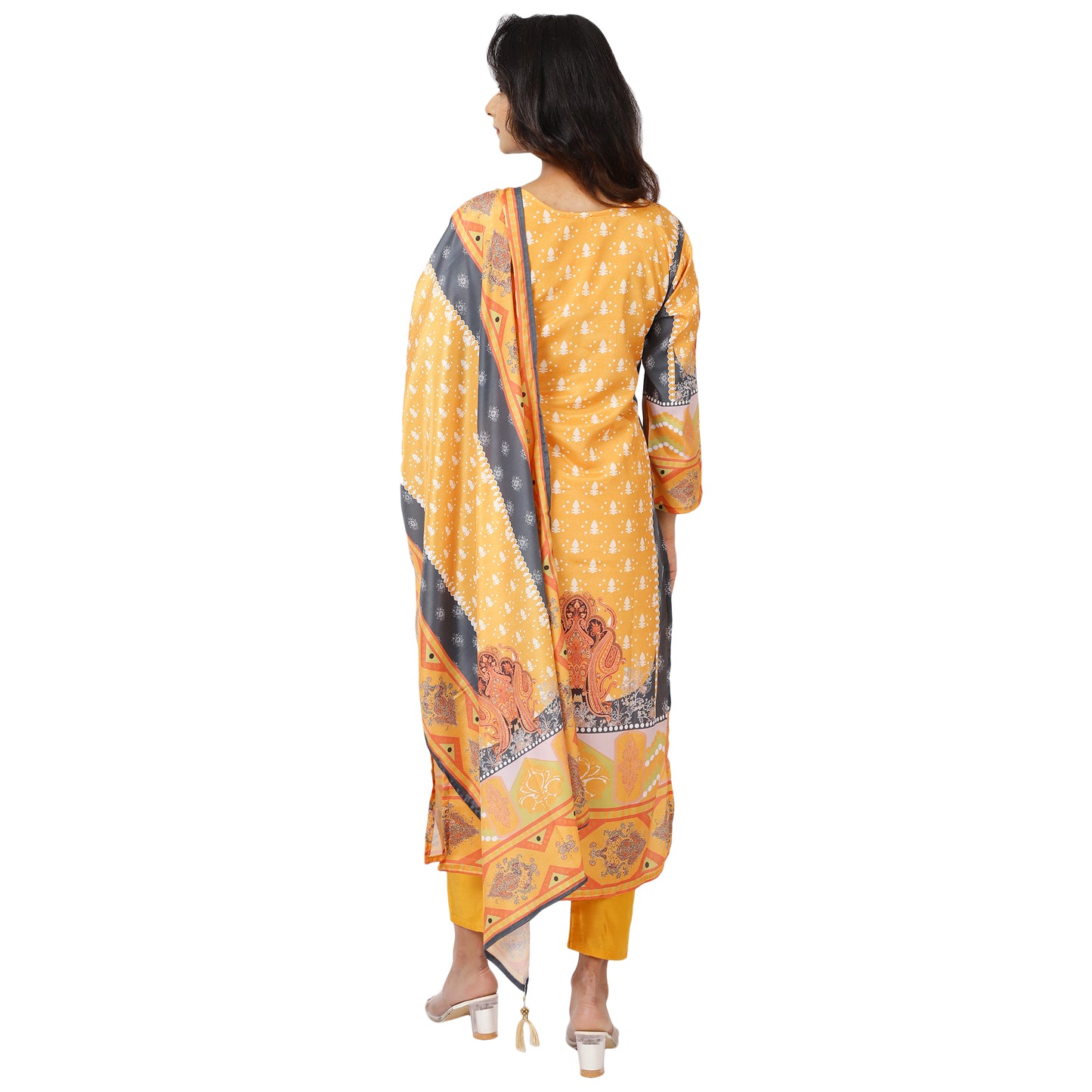 Back view Floral Striped Orange Kurta with Palazzo and Dupatta