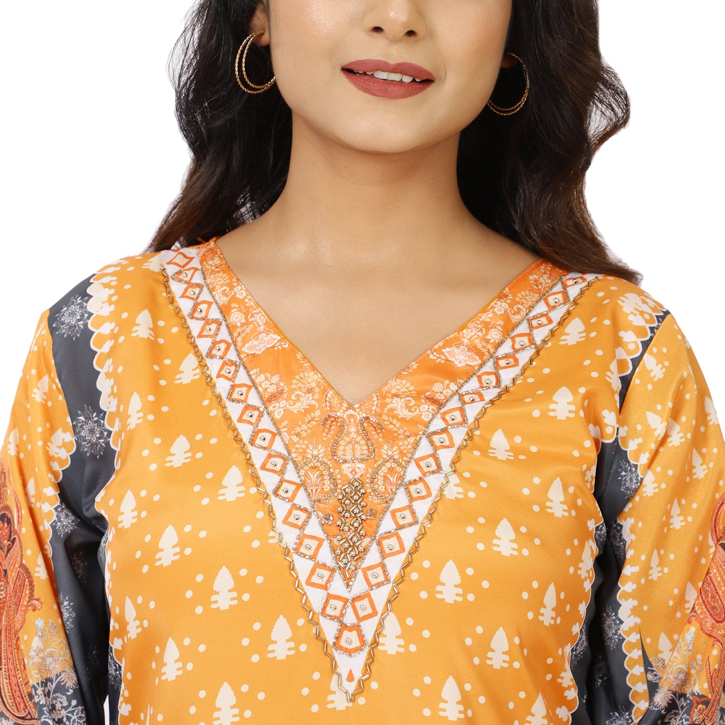 Traditional Orange Floral Kurta Set Close Look