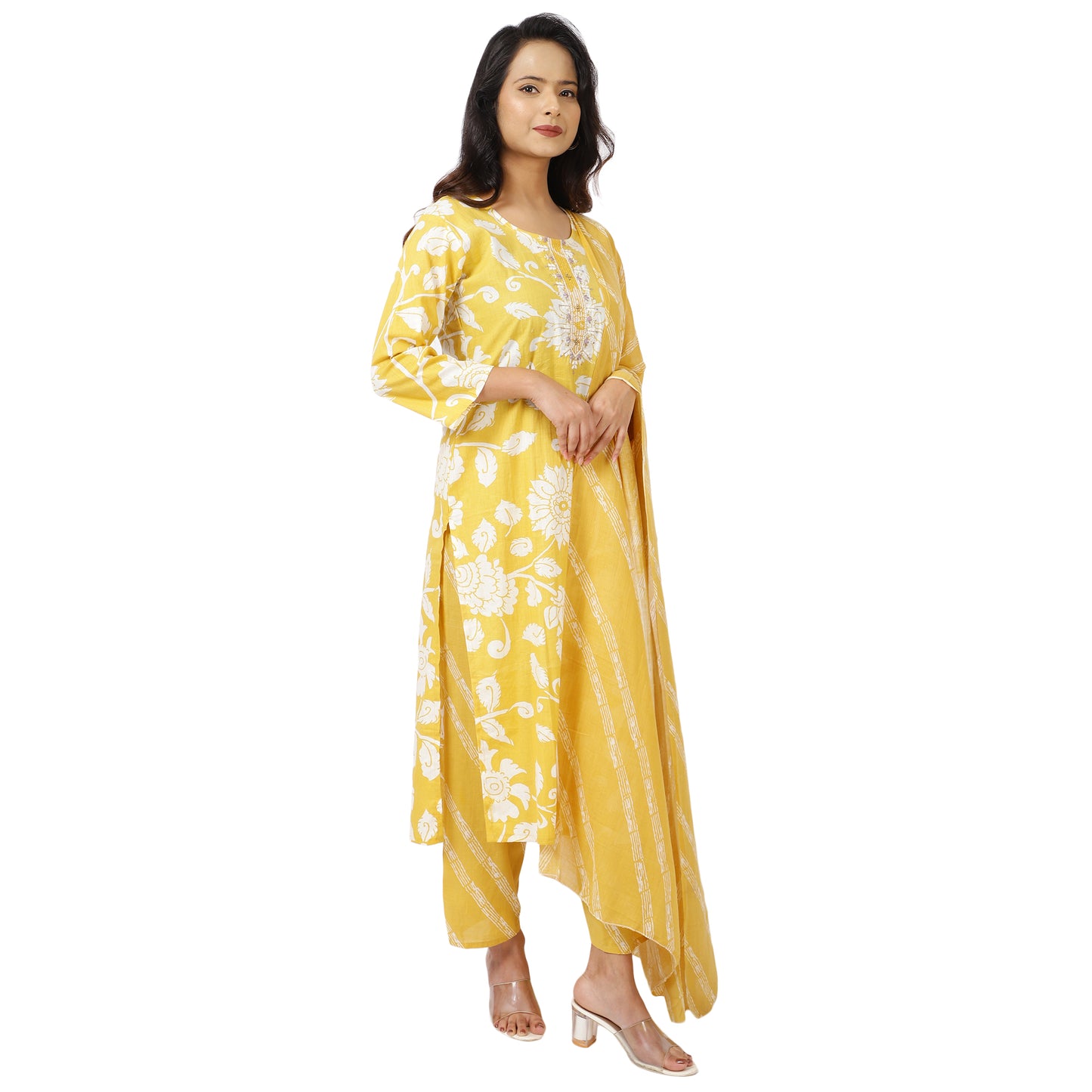 Ethnic 3-piece yellow cotton kurta set side view