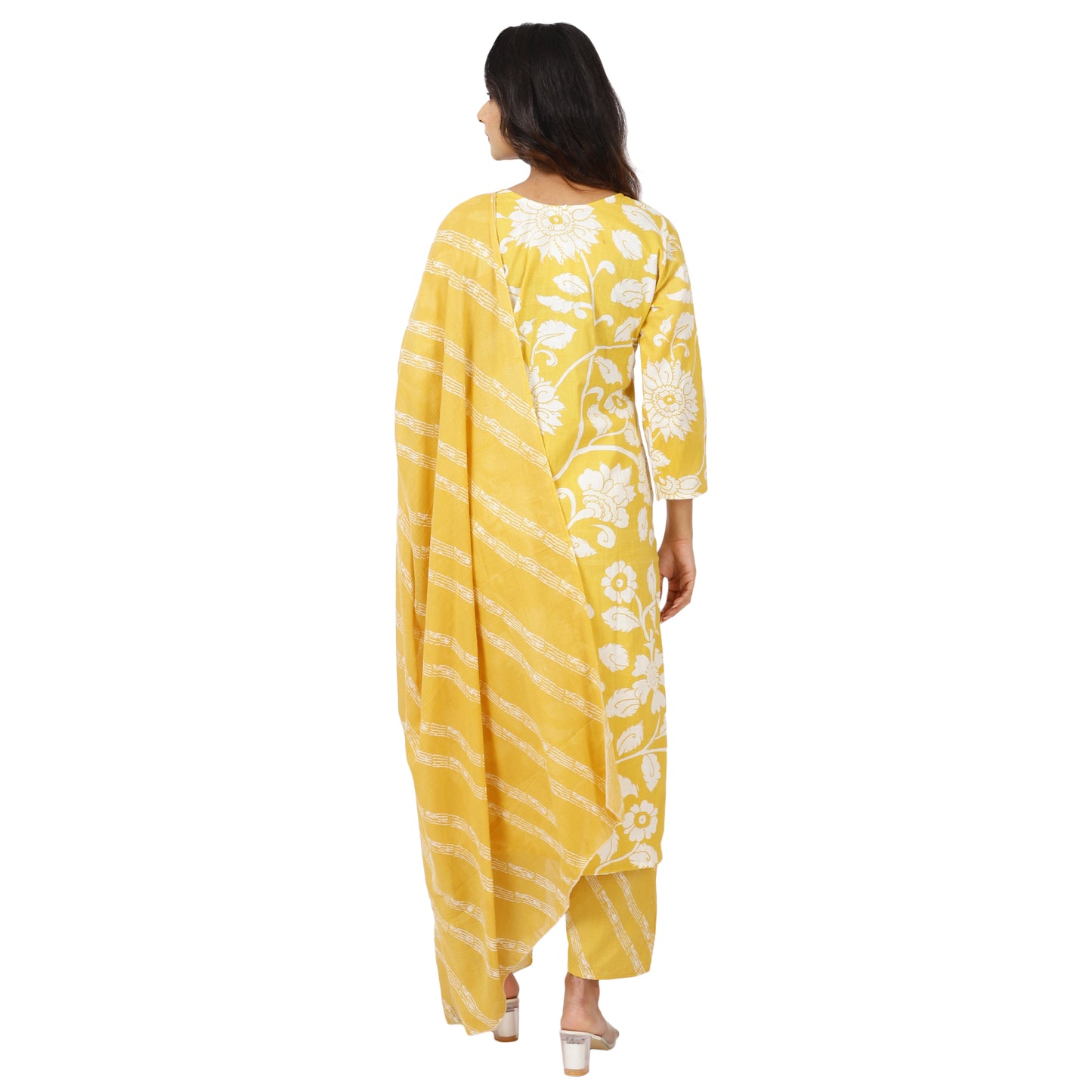 Back view of yellow cotton kurta set with dupatta