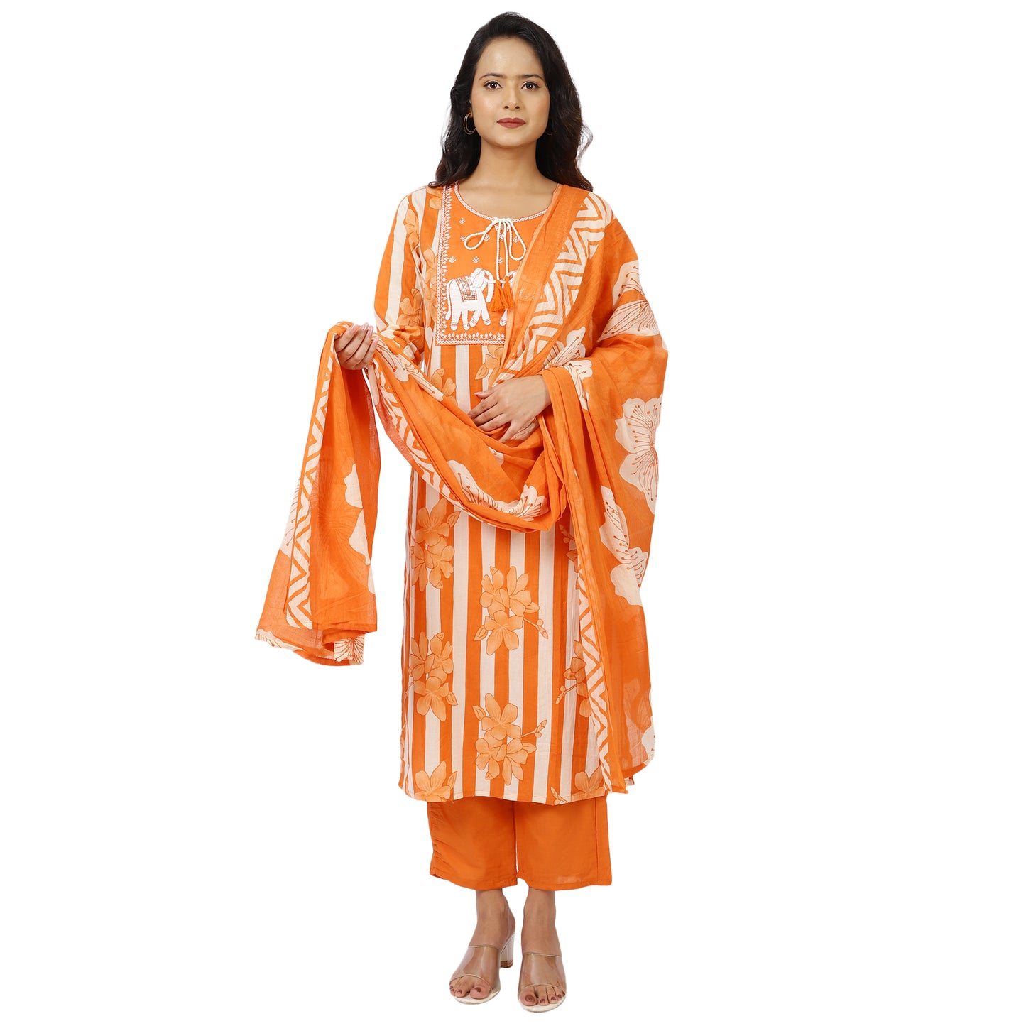 Traditional orange & grey ethnic wear front view