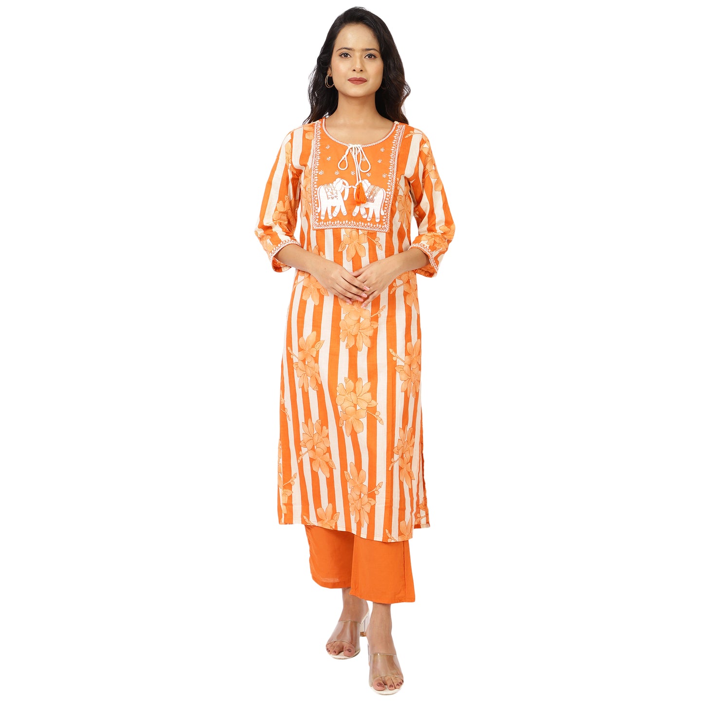 Festive wear orange & grey kurta pant set for wome