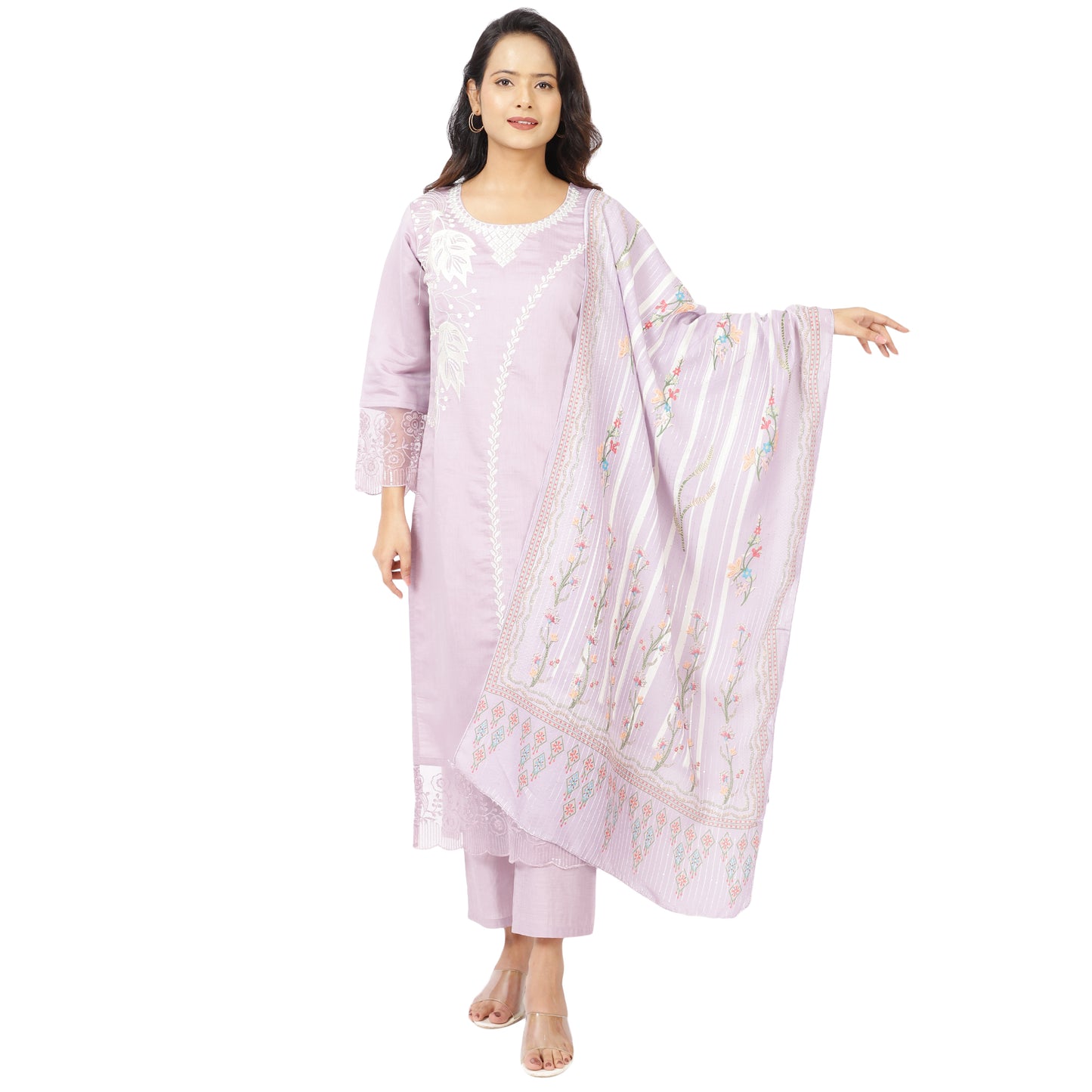Lavender kurta with round neck and full sleeves front view