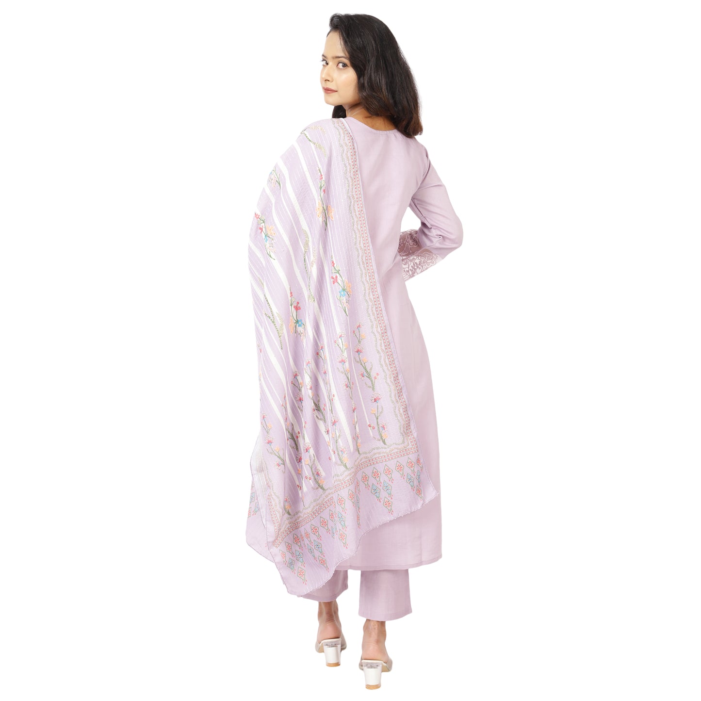 Back view of lavender cotton embroidered kurta with straight trousers
