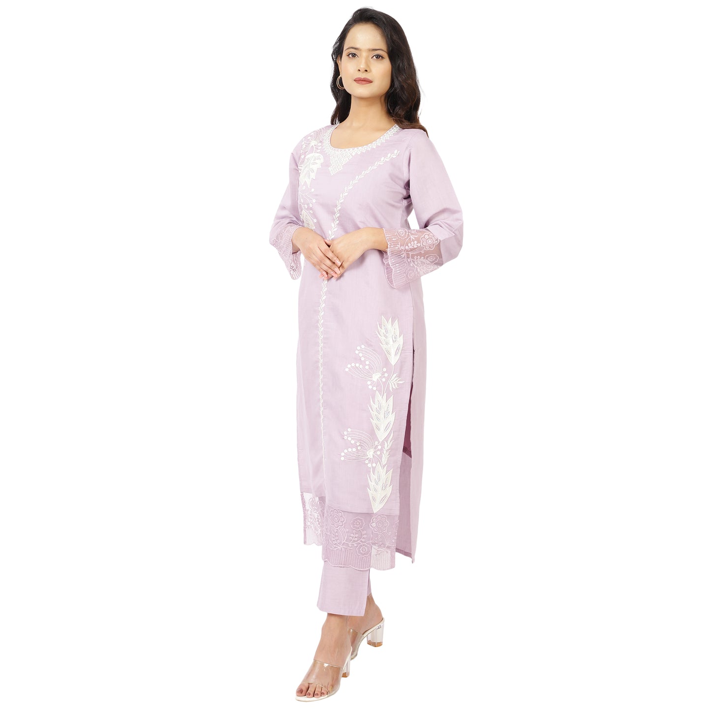 Model wearing lavender cotton kurta set with printed dupatta
