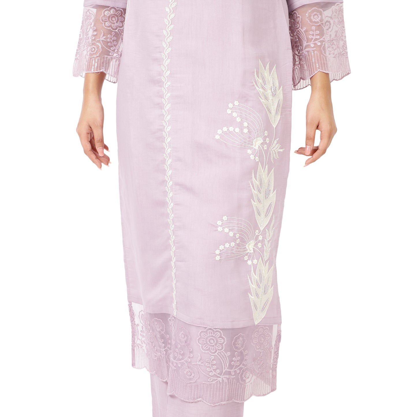 Three-piece ethnic suit with embroidered kurta, trousers, and printed dupatta