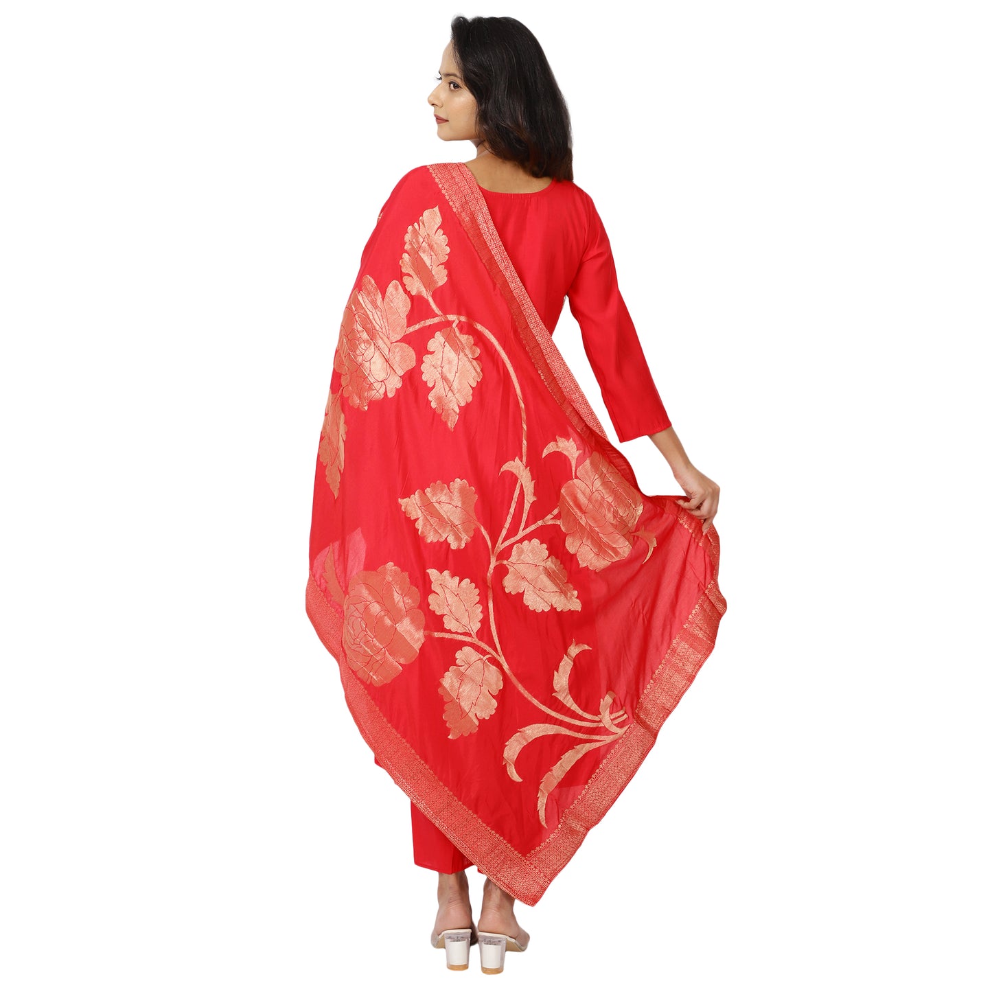 Back view of women's red kurta set