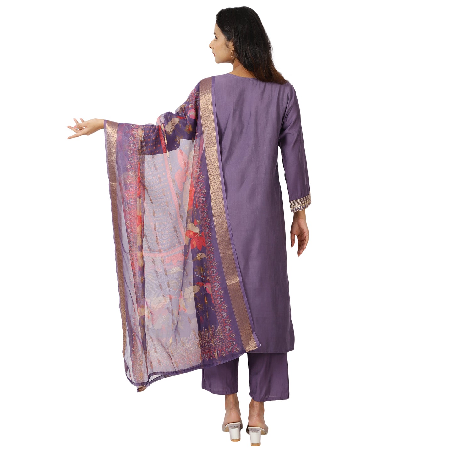 Festive purple cotton blend kurta set back view
