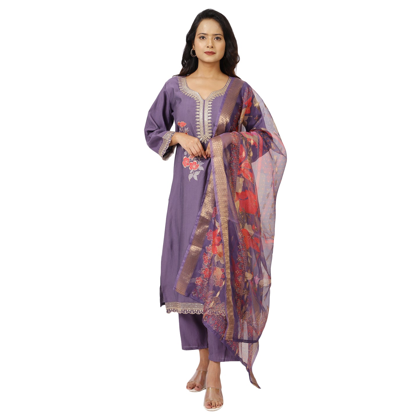 Floral organza dupatta paired with purple kurta set