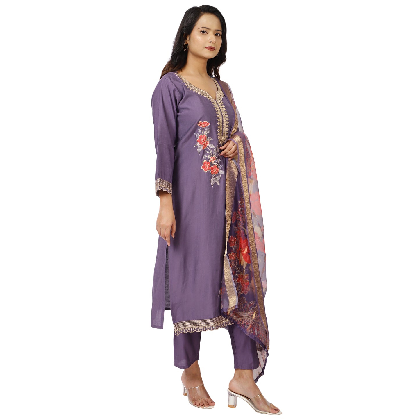 Cotton blend purple kurta set with mirror work neckline