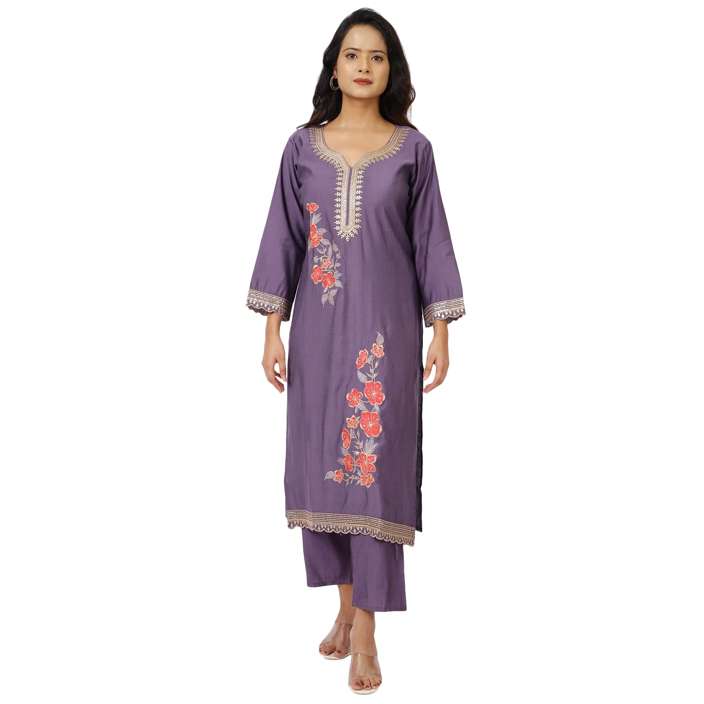 Purple 3-piece kurta set with pants and dupatta
