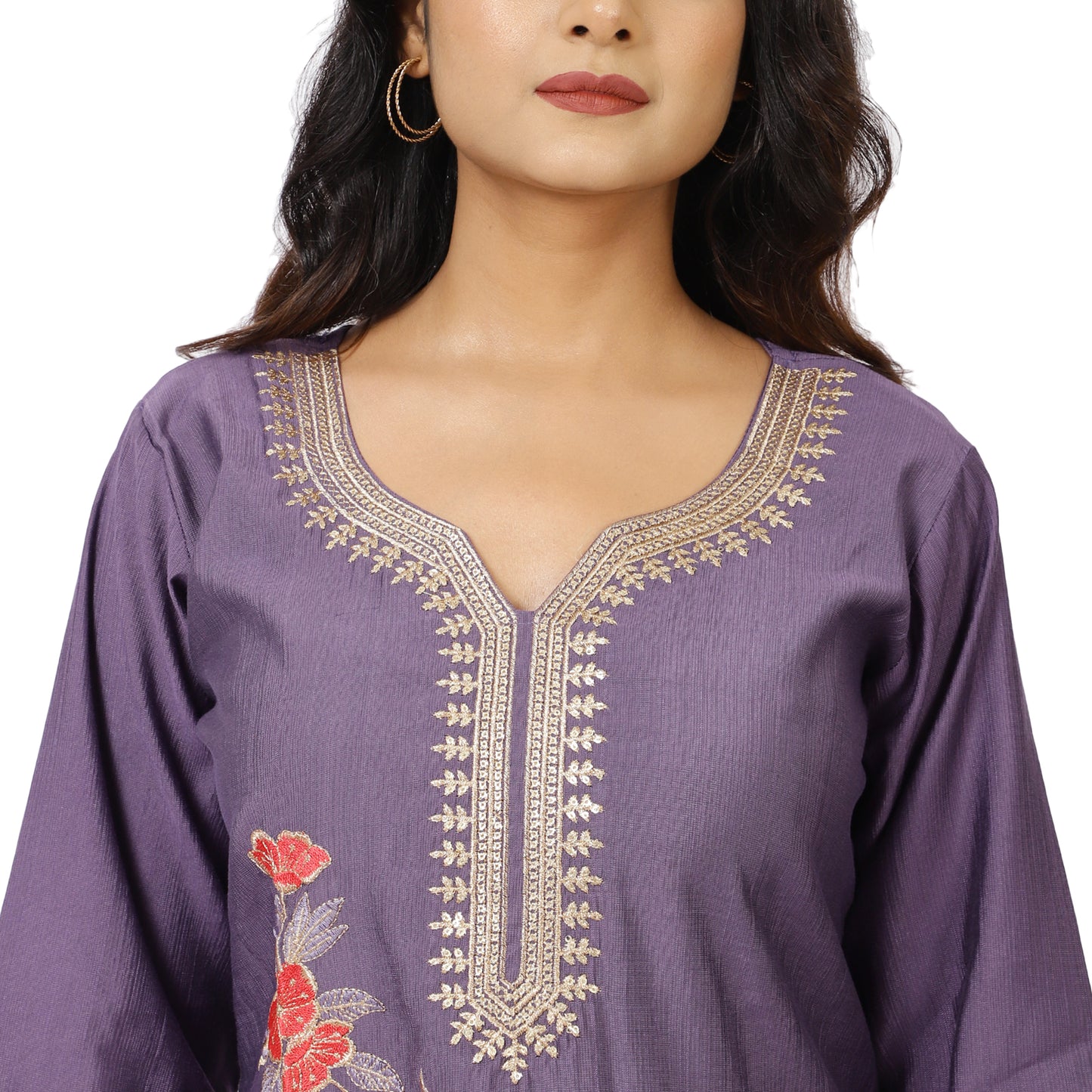 Women's purple embroidered kurta with organza dupatta