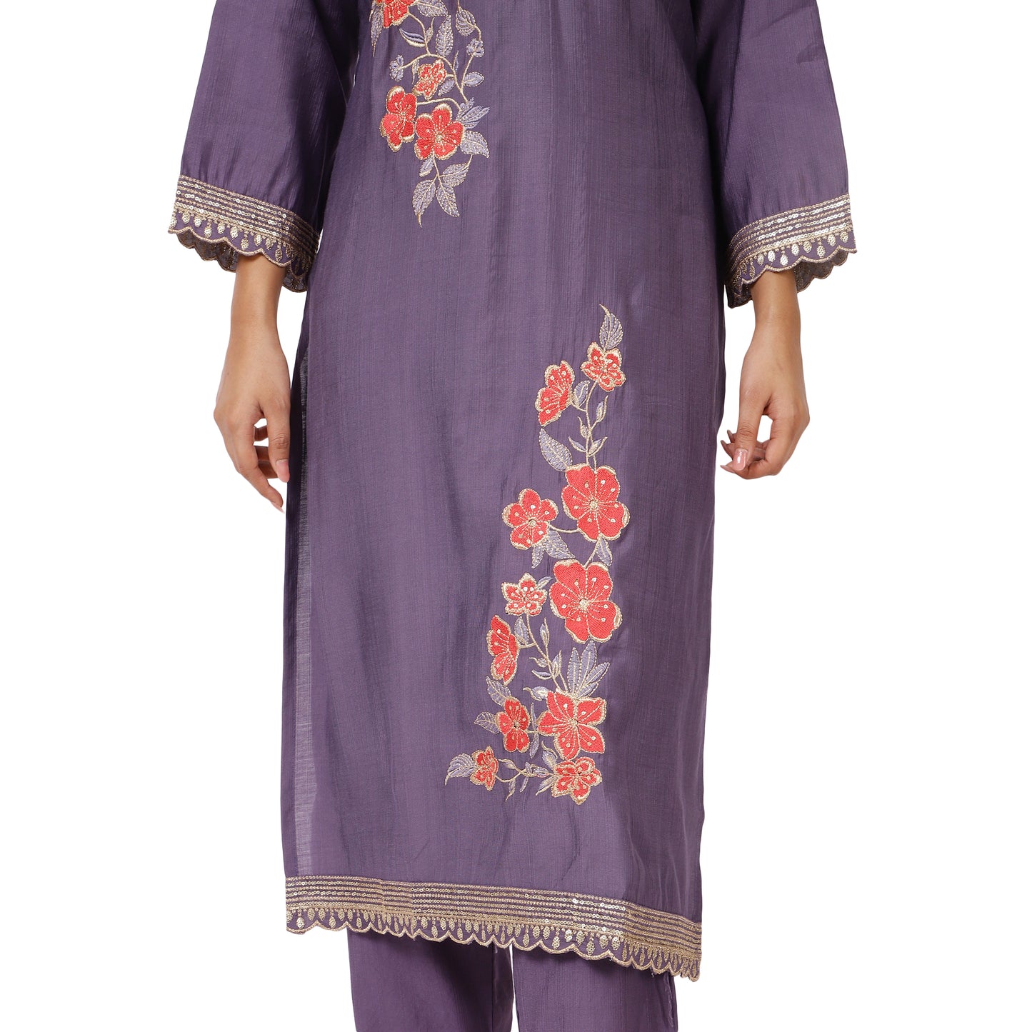 Festive purple cotton blend kurta set close view