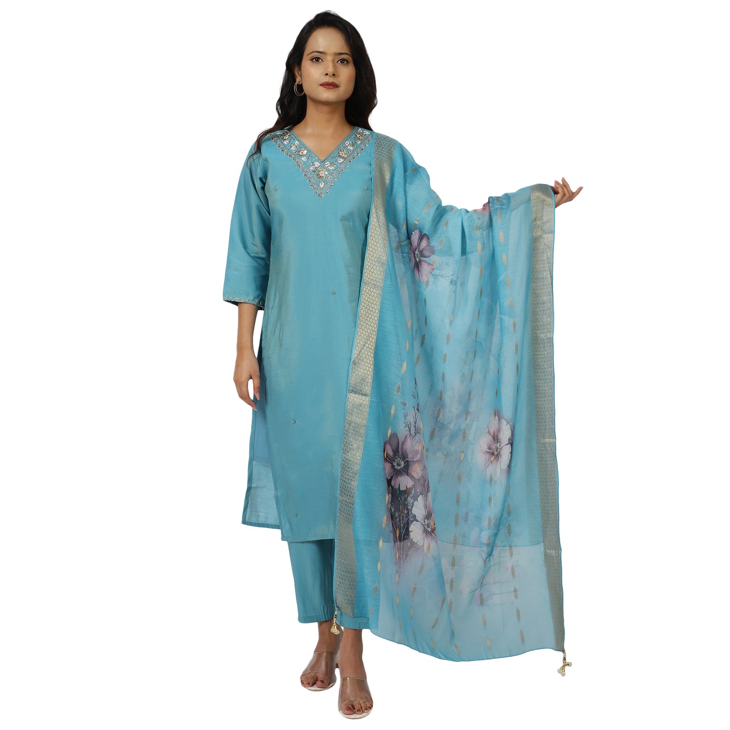 Mirror work embroidered kurta set front view