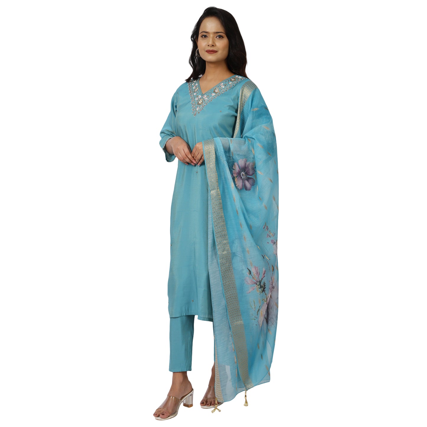 Festive 3-piece blue kurta suit with embroidery