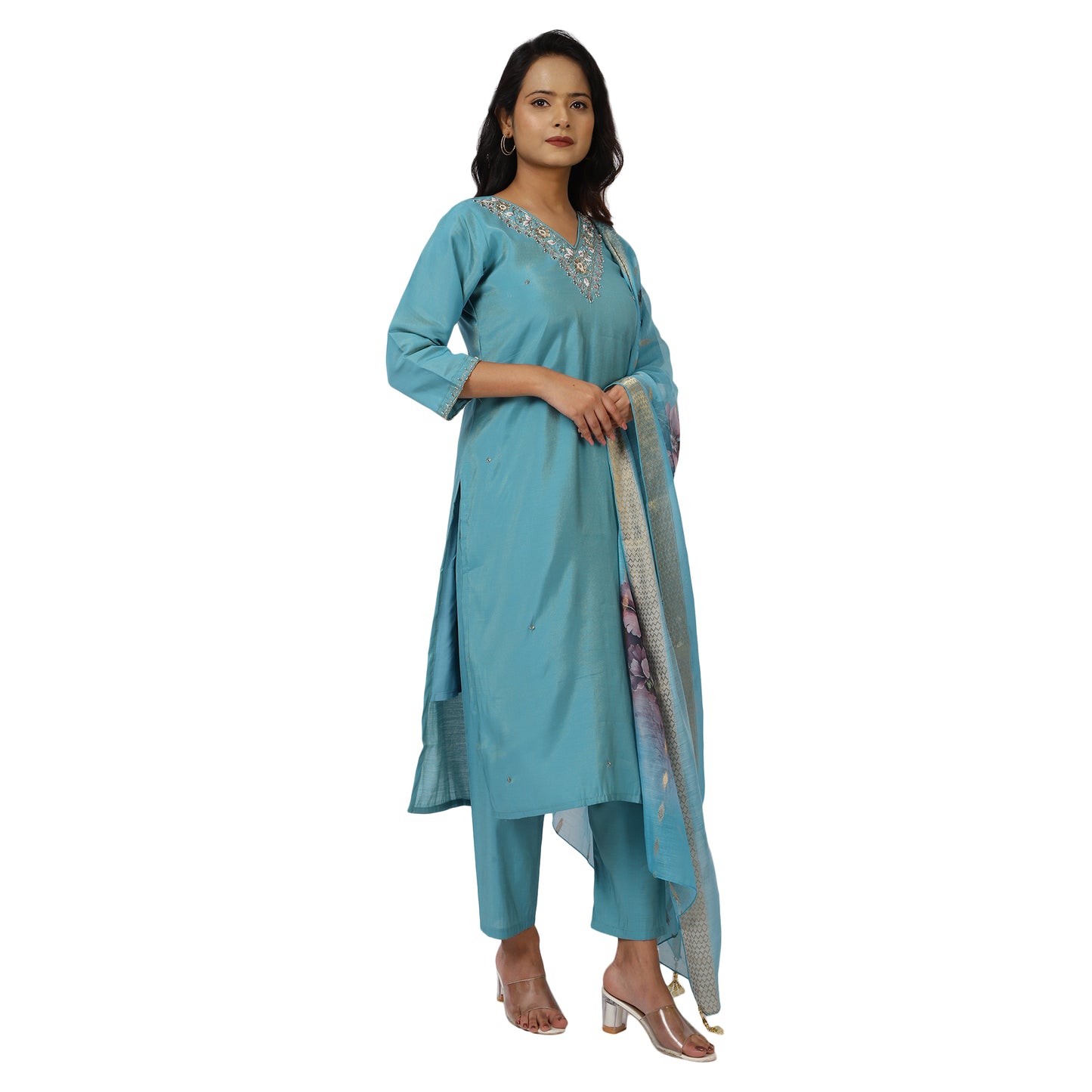 Floral organza dupatta with turquoise kurta set