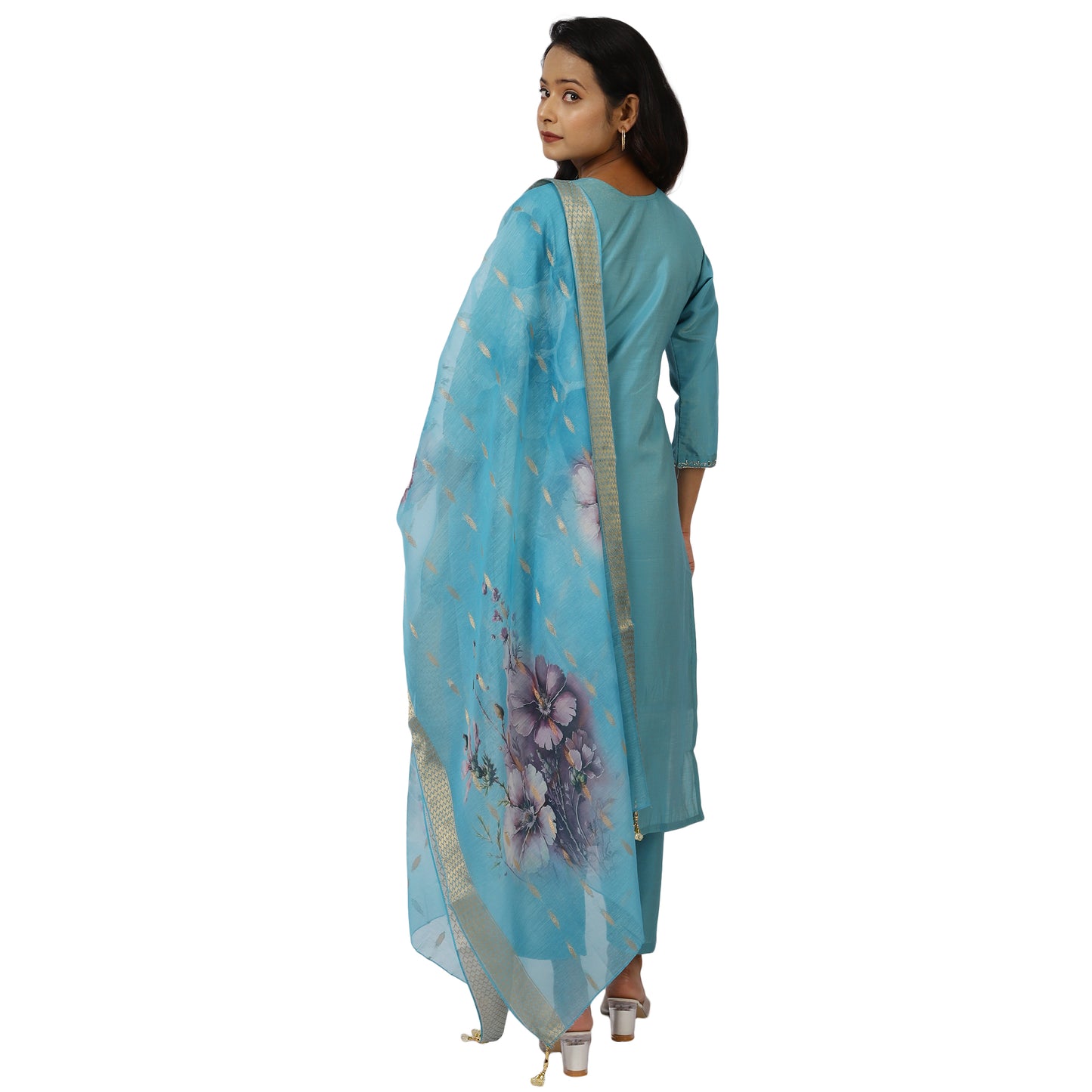 Back view of turquoise blue cotton kurta and pants