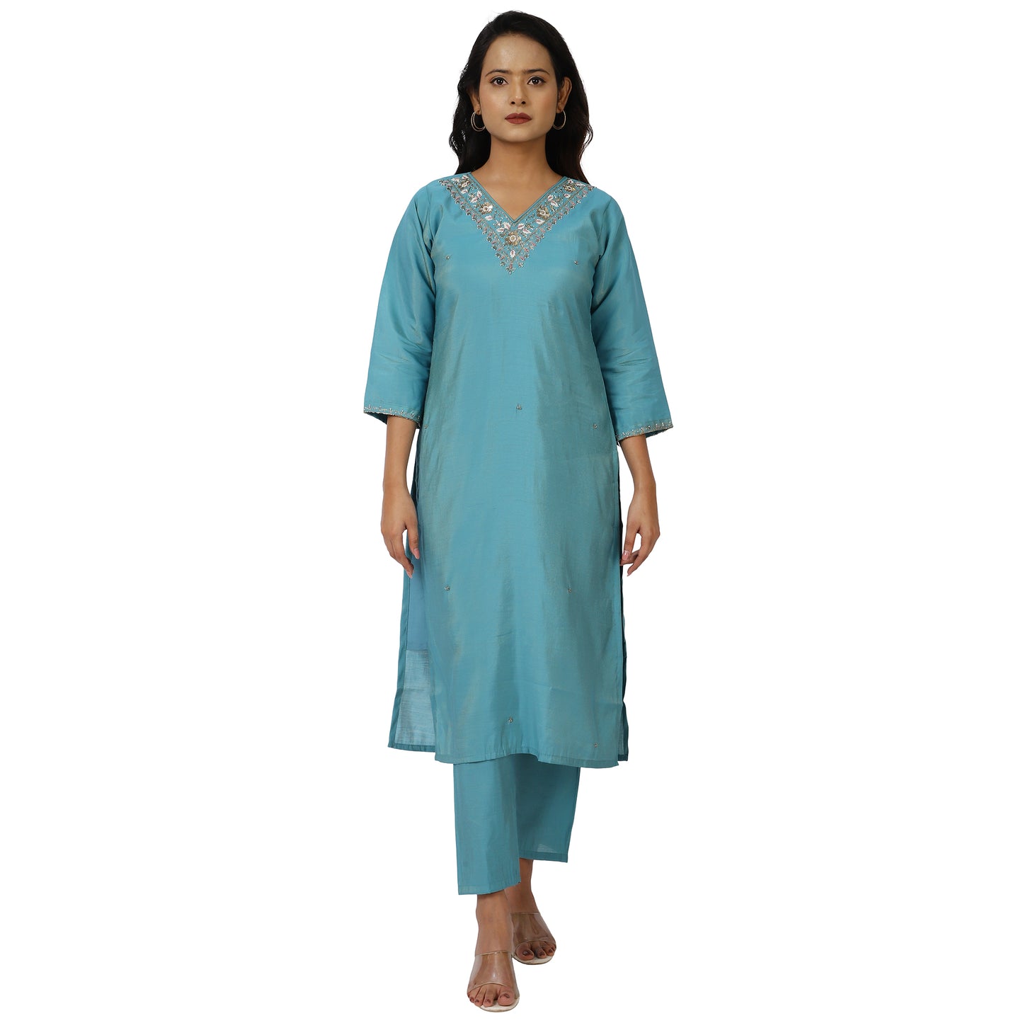 Women's turquoise blue cotton kurta set with dupatta