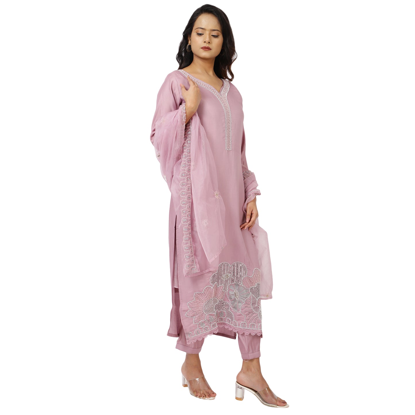 3-Piece Kurta Pant Set in Mauve Cotton Blend Fabric