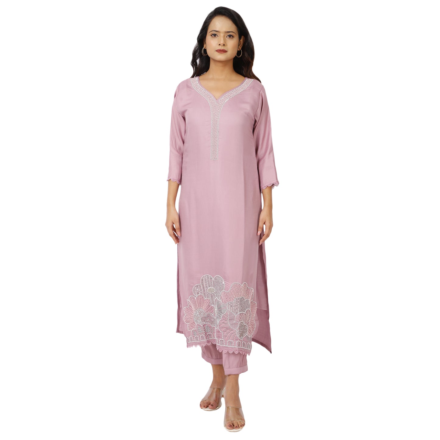 Women’s Mauve Embroidered Kurta with Net Dupatta