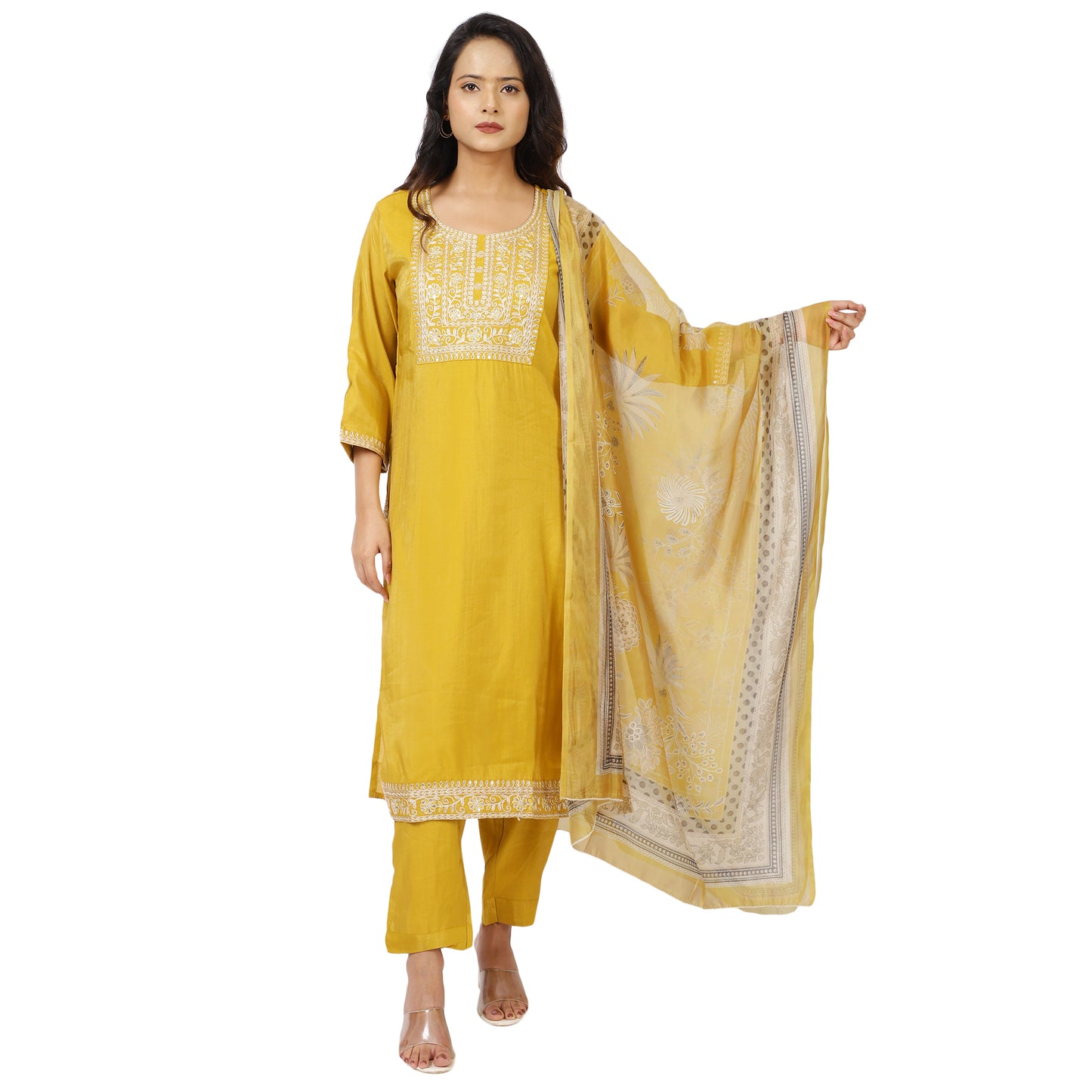 Yellow cotton ethnic suit set front view