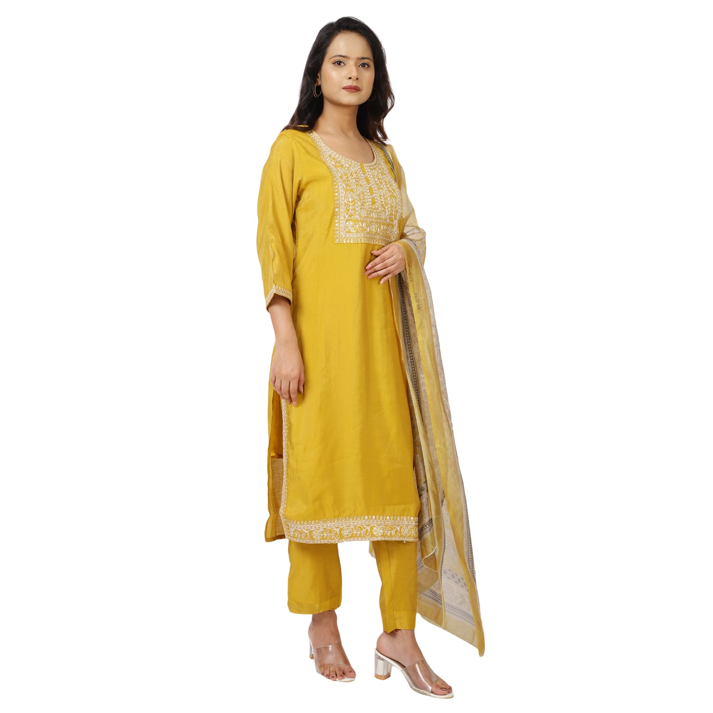 Traditional yellow salwar suit with embroidered yoke
