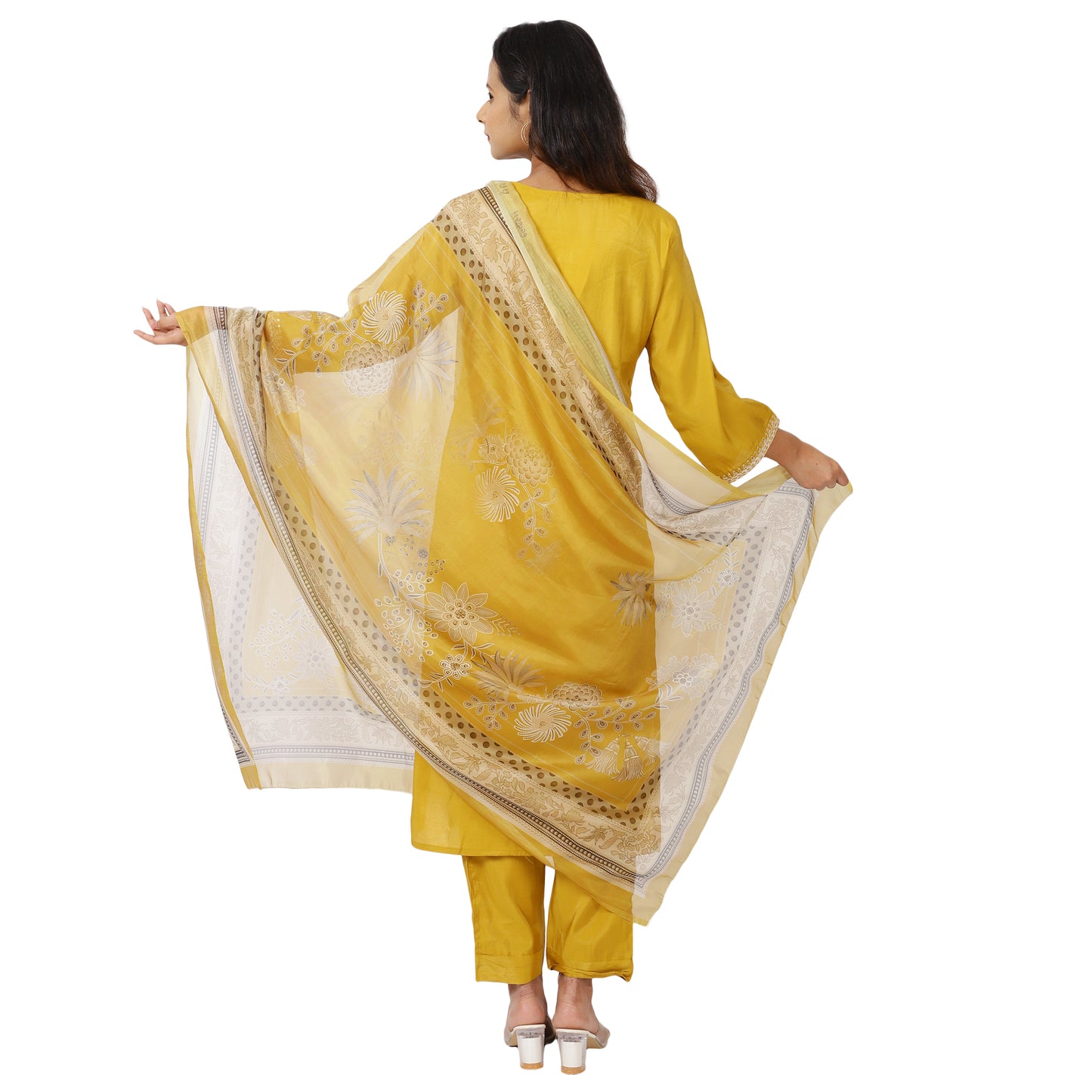 Back view of yellow cotton salwar suit set