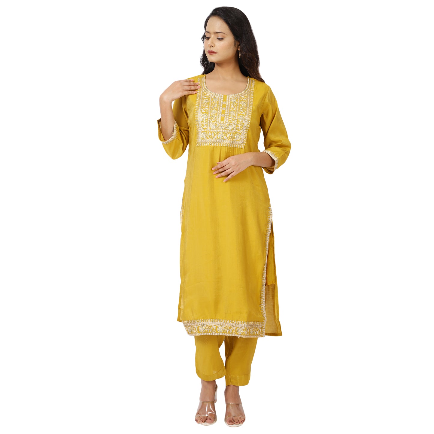 Women's yellow cotton salwar suit with dupa