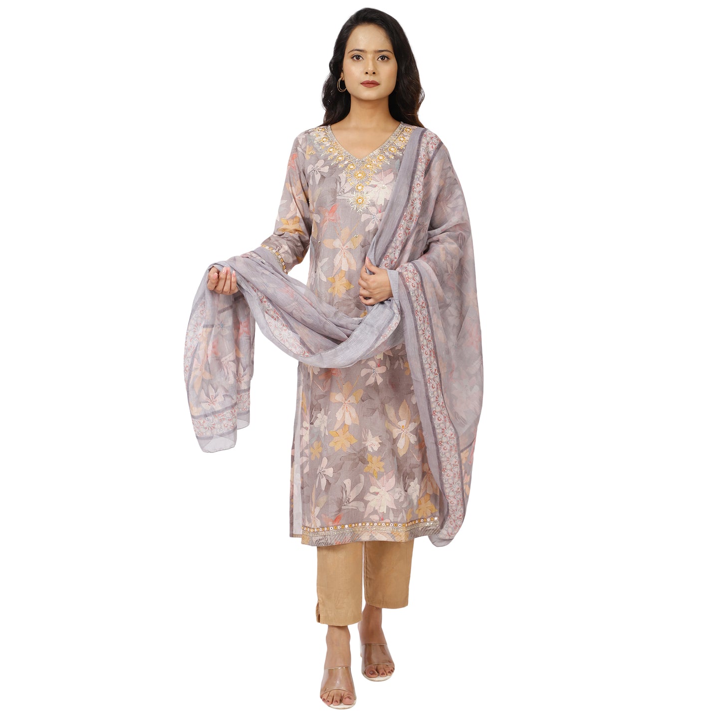 Women's grey floral print salwar suit set front view